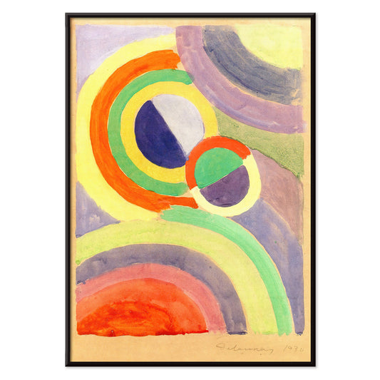 Abstract colorful circular forms and geometric shapes painting by Robert Delaunay titled Composition poster for wall decor, with black aluminium frame on white background