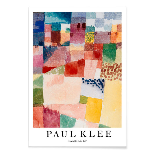 Colorful abstract geometric poster inspired by Motif from Hammamet painting by Paul Klee perfect for art lovers and modern decor, with black aluminium frame on white background