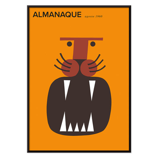 Almanaque magazine cover by Sebastiao Rodrigues with abstract animal and face artwork on orange background, with black aluminium frame on white background