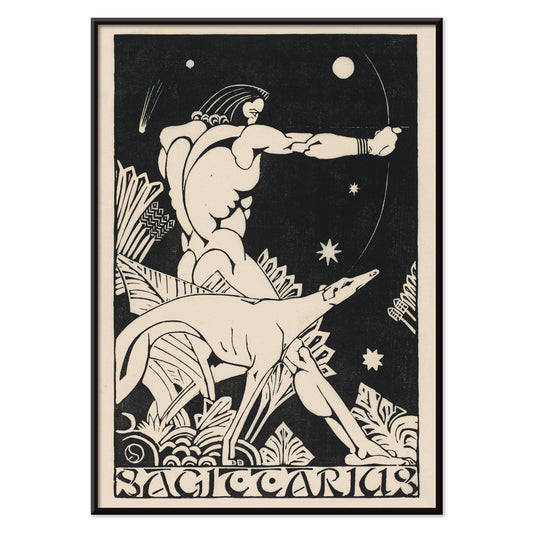Sagittarius archer centaur and dog zodiac artwork surrounded by stars by Henri van der Stok poster, with black aluminium frame on white background