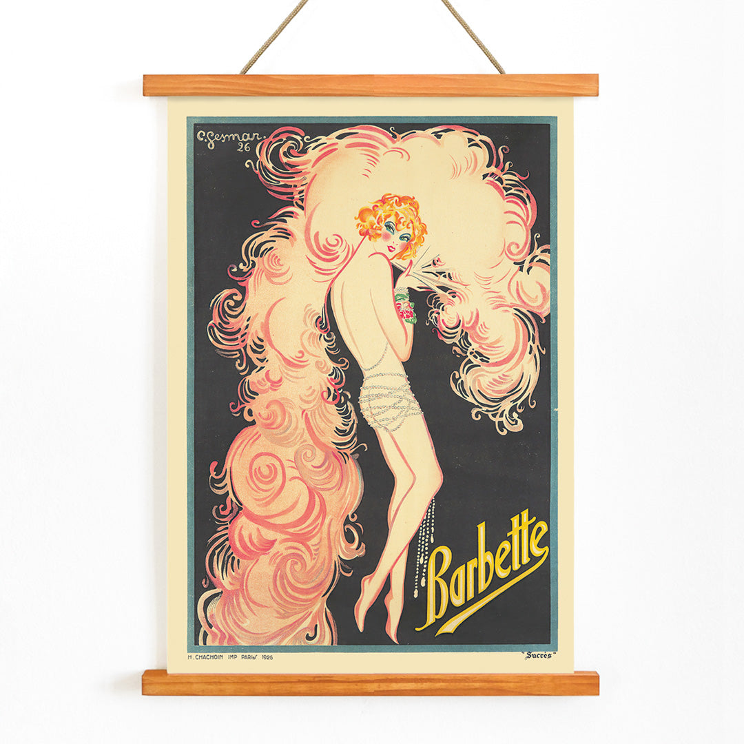 Colorful Art Deco performer illustration with pink swirls and flowing feathers by Charles Gesmar Barbette vintage wall decor poster, with wooden magnetic frame on white background