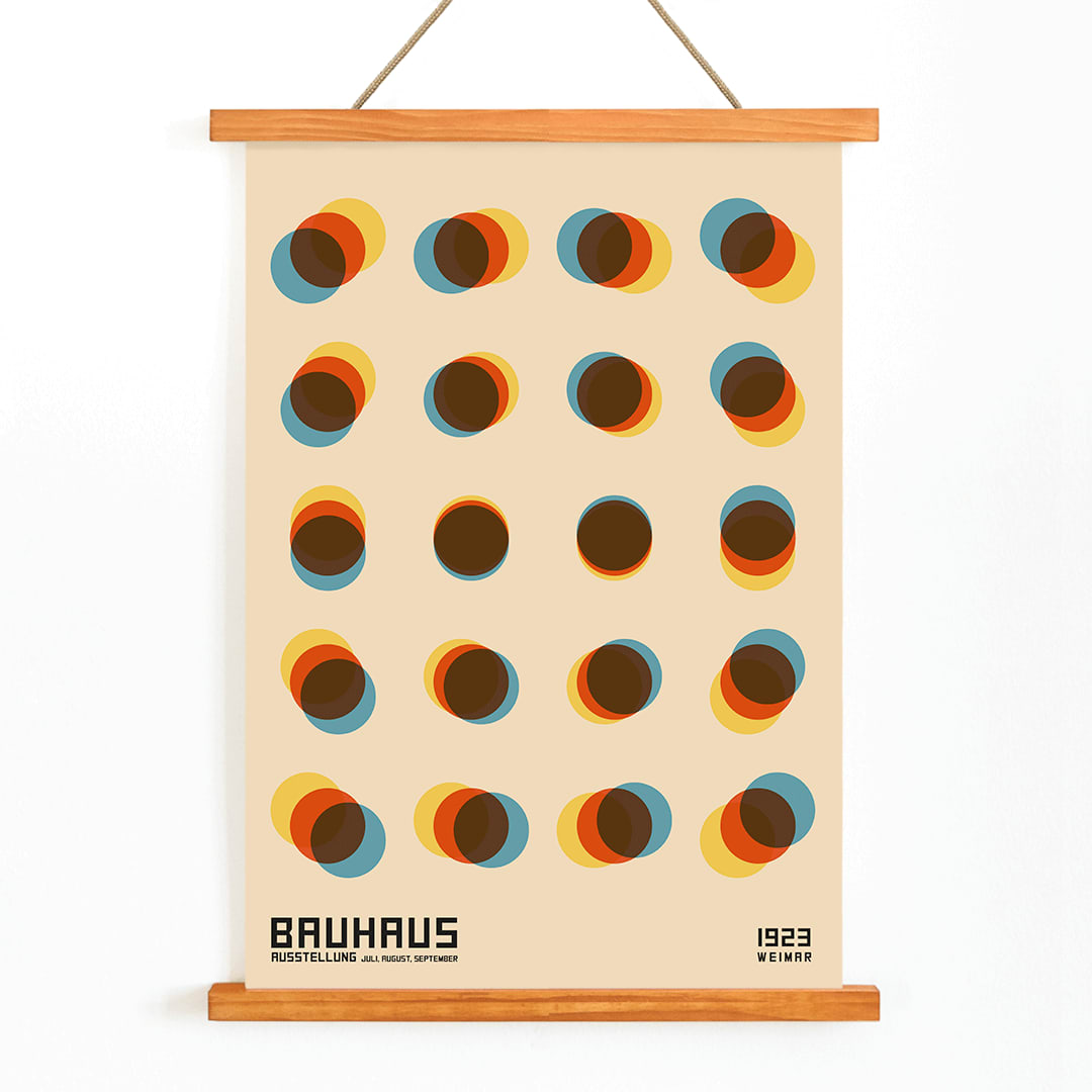 Bauhaus Poster 9 Inspired by the Weimar Exhibition with overlapping colorful circles in a geometric pattern on a beige background, with wooden magnetic frame on white background