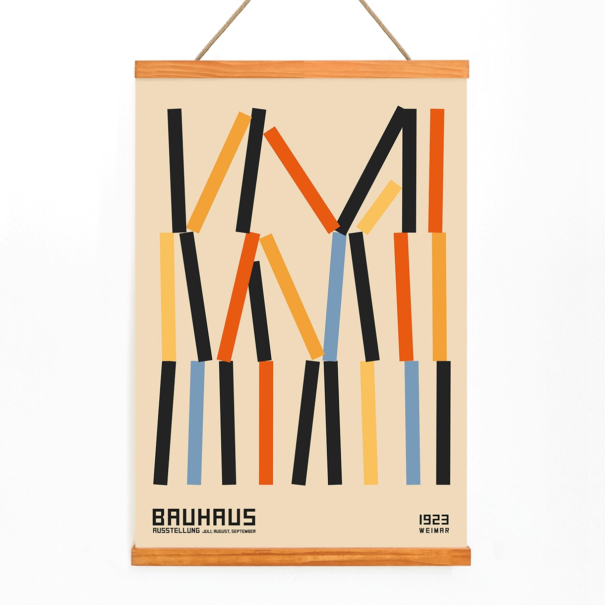 Bauhaus Poster 6 by designer with abstract geometric vertical lines in black orange and blue on beige background inspired by Weimar Exhibition, with wooden magnetic frame on white background