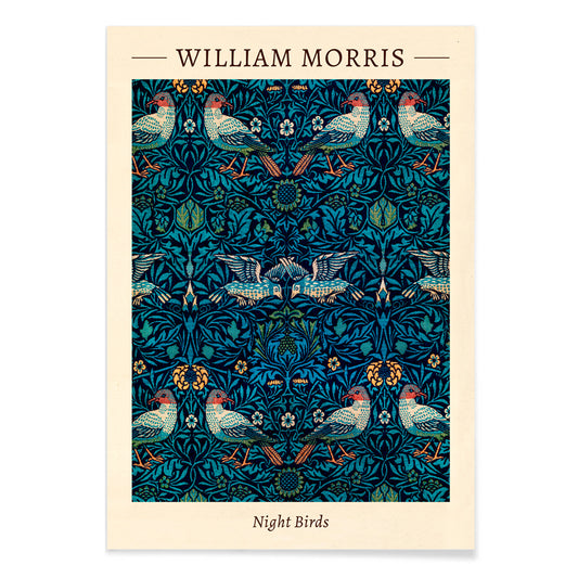 Night Birds by William Morris colorful patterned illustration and poster with intricate birds and floral designs in rich blue and green tones, with black aluminium frame on white background