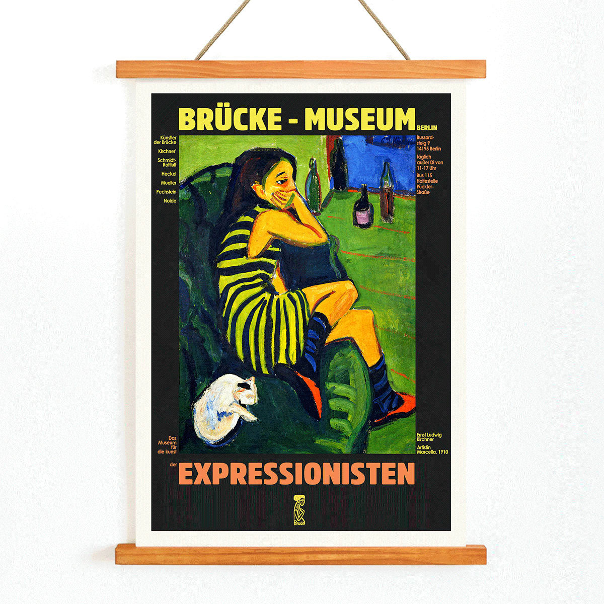 Brucke museum exhibition poster of Female Artist by Ernst Ludwig Kirchner showing a colorful expressionist scene, with wooden magnetic frame on white background