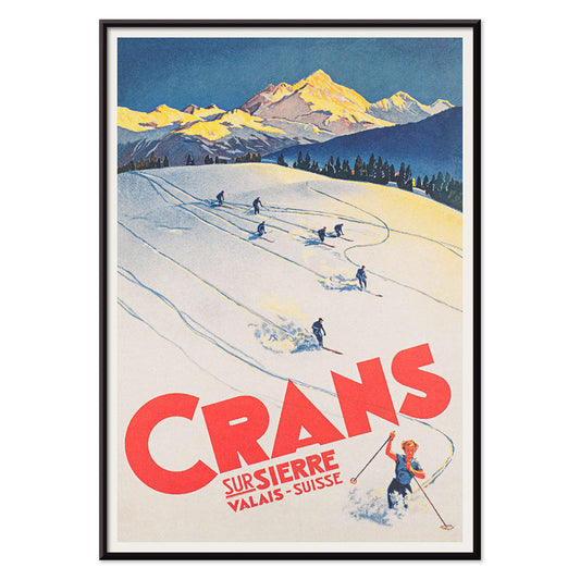 Crans sur Sierre Switzerland Ski Poster by Martin Peikert with skiers descending snowy mountain slopes and vibrant mountain backdrop, with black aluminium frame on white background