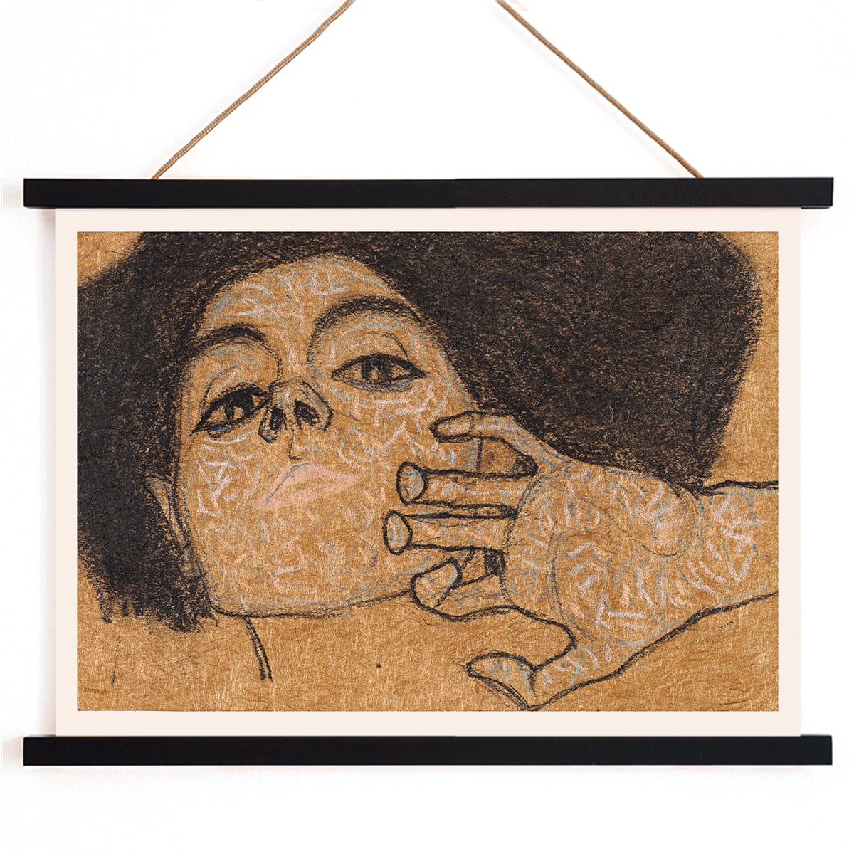 Head of a Woman by Egon Schiele expressive portrait art drawing poster showing a womans face with intricate hand details on a textured background, with wooden magnetic frame on white background