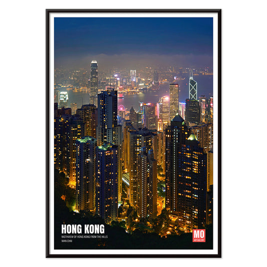 Hong Kong Nightview by Mo Art Gallery featuring a vibrant illuminated city skyline and skyscrapers at night, with black aluminium frame on white background