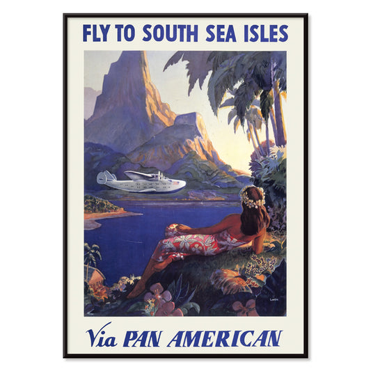 Vintage travel poster of a woman in a floral dress on a tropical island with a Pan American seaplane by Paul George Lawler, with black aluminium frame on white background