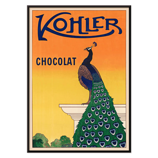 Kohler Chocolat art nouveau poster by F Champenois with vibrant peacock on pedestal against orange background, with black aluminium frame on white background