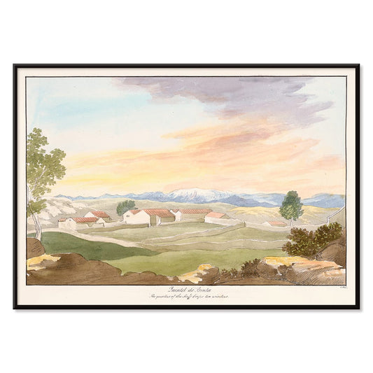 Serene landscape of rural buildings at sunset in Quintel do Brula by Charles Hamilton Smith with houses trees mountains and colorful sky poster, with black aluminium frame on white background