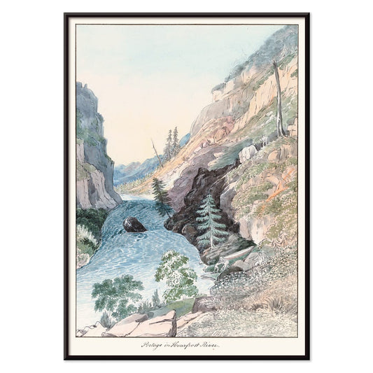 Portage in Hoarfrost River by Charles Hamilton Smith painting and poster showing a scenic river landscape with rugged cliffs trees and a serene rocky canyon, with black aluminium frame on white background
