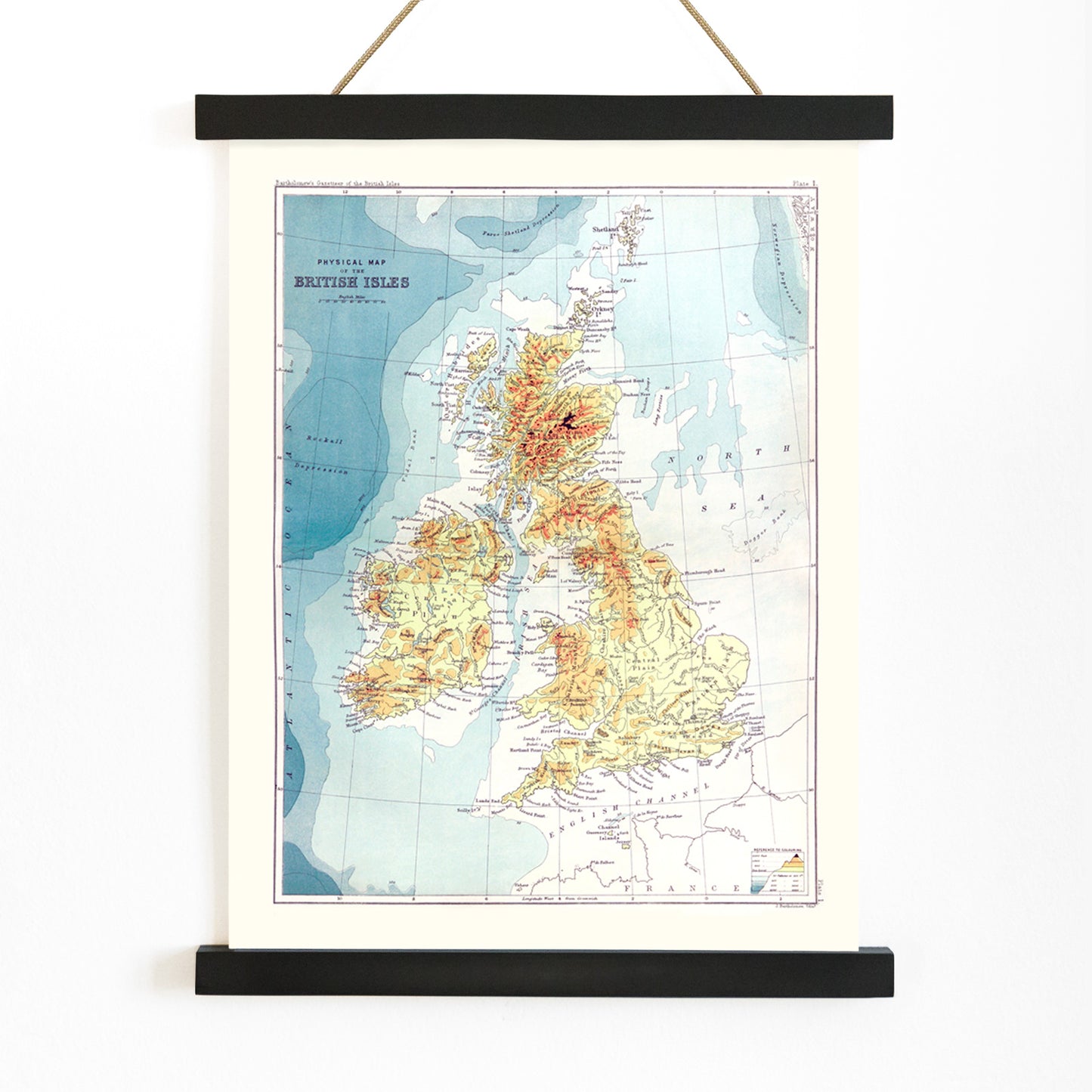 Vintage topographic and physical map poster of the British Isles by John Bartholomew from Gazetteer of the British Isles, with wooden magnetic frame on white background