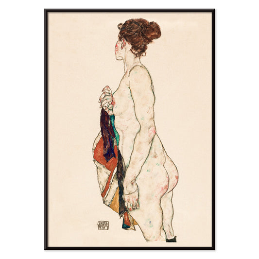 Standing nude woman with a patterned robe artwork by Egon Schiele side view and colorful robe poster, with black aluminium frame on white background