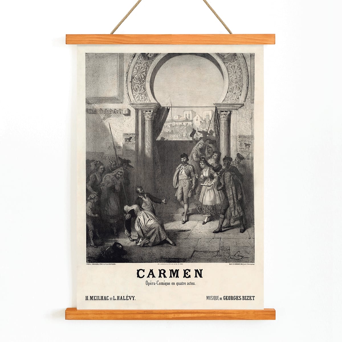 Promotional poster for Carmen by Georges Bizet published by Choudens featuring characters in a dramatic scene under an archway, with wooden magnetic frame on white background