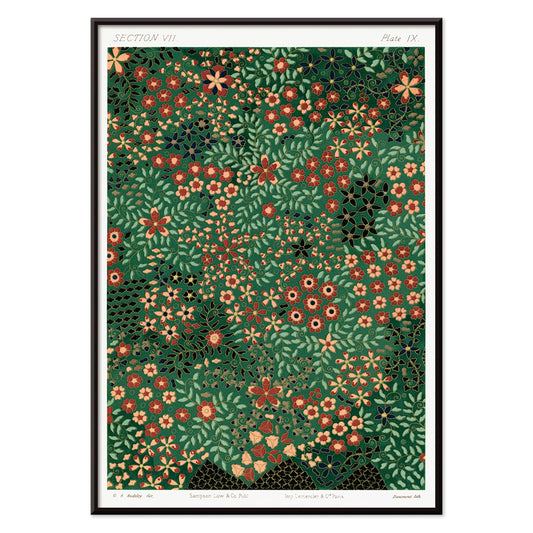 Floral pattern artwork poster by GA Audsley from The Ornamental Arts Of Japan featuring intricate vibrant green and red designs, with black aluminium frame on white background