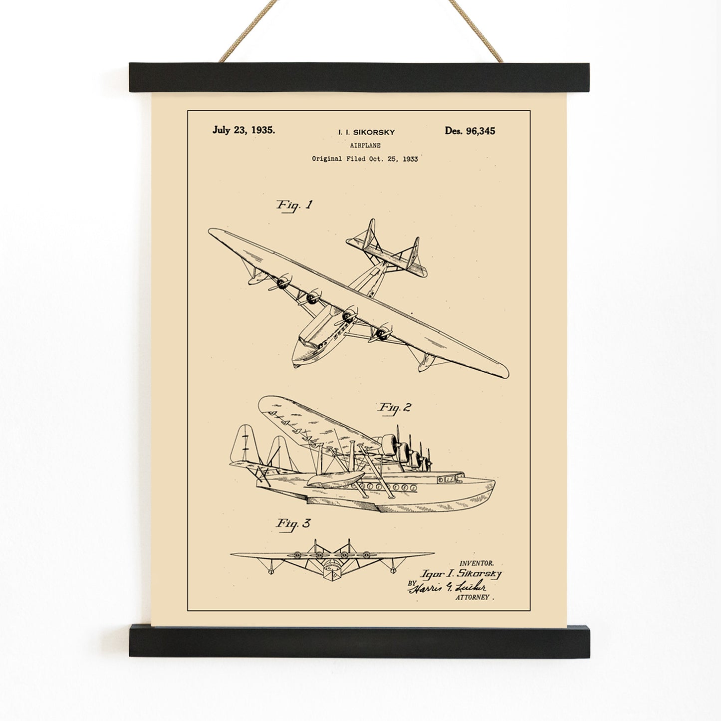 Detailed technical drawing and poster of a seaplane airplane patent by Igor I Sikorsky featuring multiple views and aircraft design sketches, with wooden magnetic frame on white background