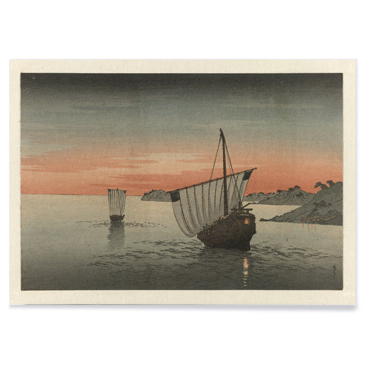 Two sailing ships at sunset along the coast by Yoshimune Utagawa with boats on calm waters near rocky shore poster artwork, with black aluminium frame on white background