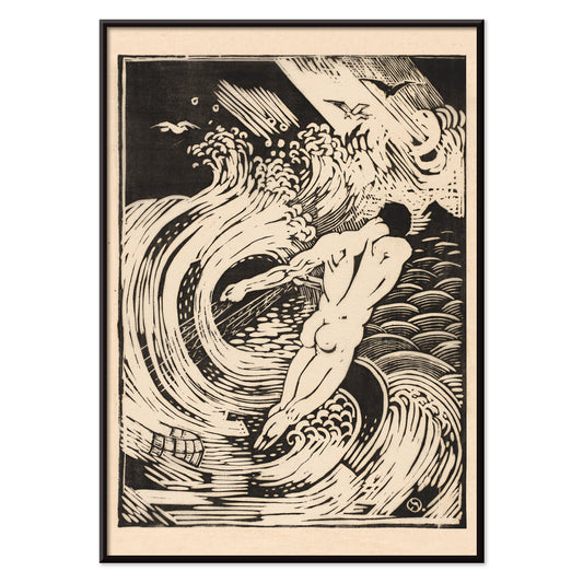 Nude male diving into swirling stormy waves in De visscher by Henri van der Stok poster, with black aluminium frame on white background