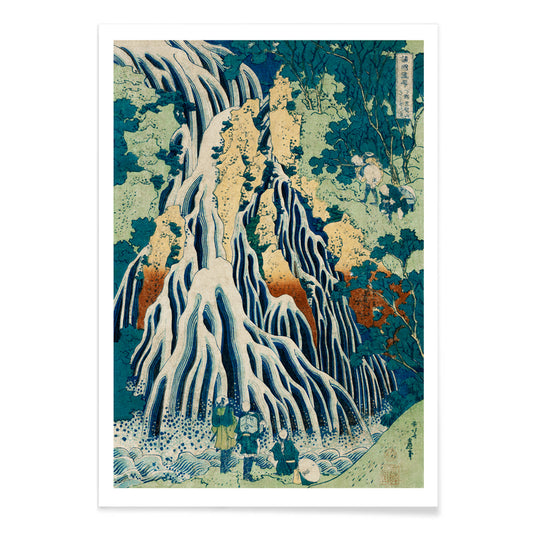 Dramatic waterfall with figures in lush forest landscape Shimotsuke Kurokami Yama Kurifuri no Taki by Katsushika Hokusai poster, with black aluminium frame on white background