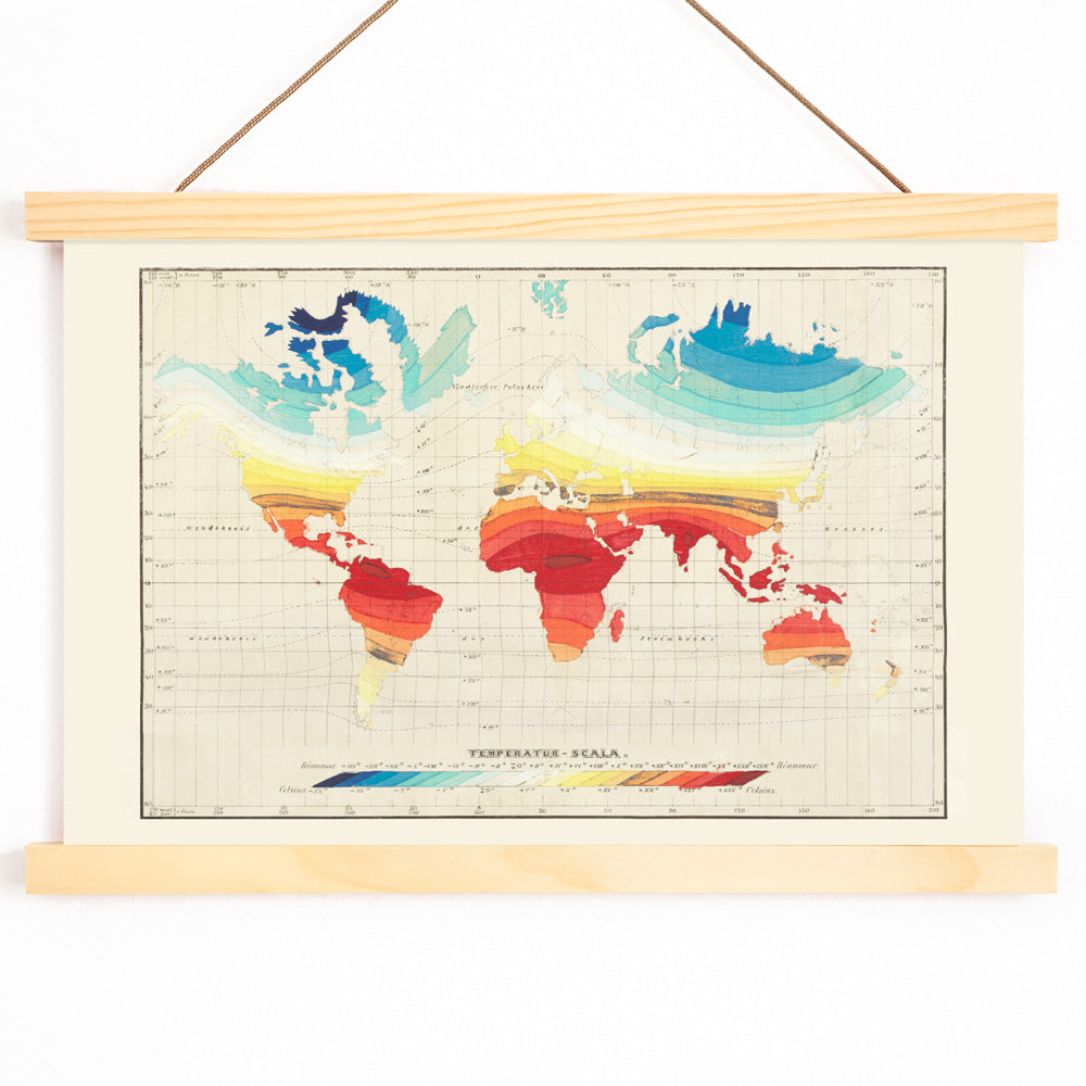 Colorful vintage world map of global climate and temperature zones by Wilhelm Ebel, with wooden magnetic frame on white background
