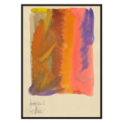 Vibrant abstract painting by Karl Wiener titled Farbstudien 10 Blätter VIII featuring bold colors dynamic shapes and orange purple pink hues poster, with black aluminium frame on white background