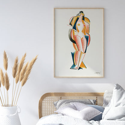 Abstract Nude by Auguste Rodin cubist style nude figure artwork poster for wall decor, framed and displayed in home decor