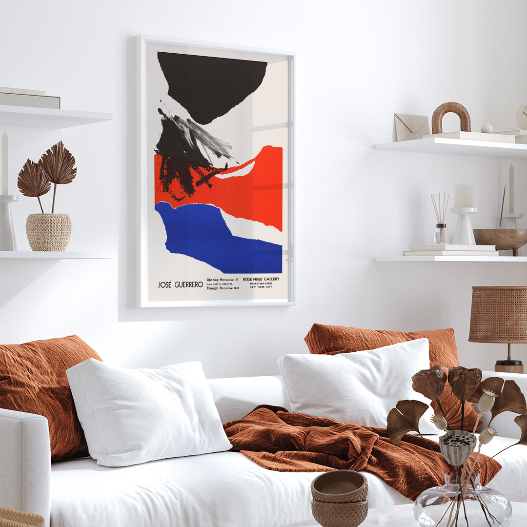 Abstract painting and poster featuring bold black red and blue brushstrokes and shapes by Jose Guerrero at Rose Fried Gallery New York, framed and displayed in home decor