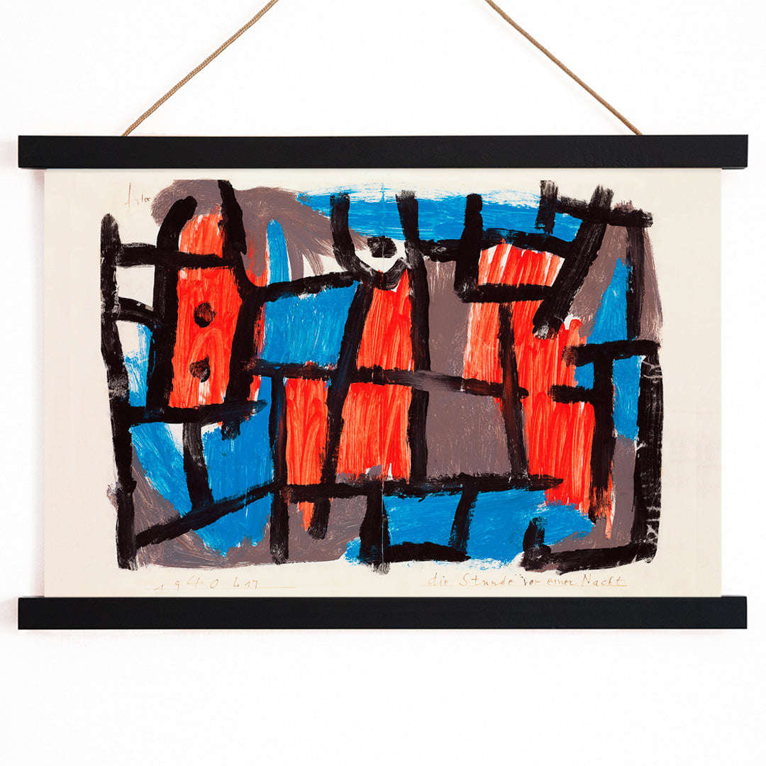 Abstract geometric poster with bold black lines and vibrant red and blue shapes inspired by The Hour Before One Night by Paul Klee, with wooden magnetic frame on white background