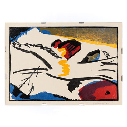 Abstract modern art poster Lyrisches by Wassily Kandinsky with bold lines and vivid colors, framed and displayed in modern living room decor