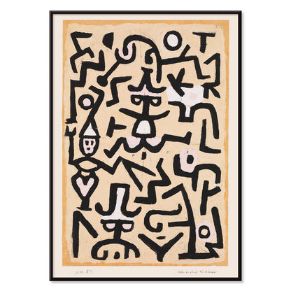 Abstract line drawing and poster with black lines forming playful whimsical figures and shapes in Comedians Handbill artwork by Paul Klee, with black aluminium frame on white background
