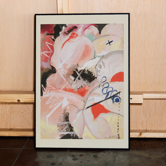 Abstract watercolor and dynamic abstract art poster titled Female Figure by Hilma af Klint and Wassily Kandinsky, framed and displayed in home decor