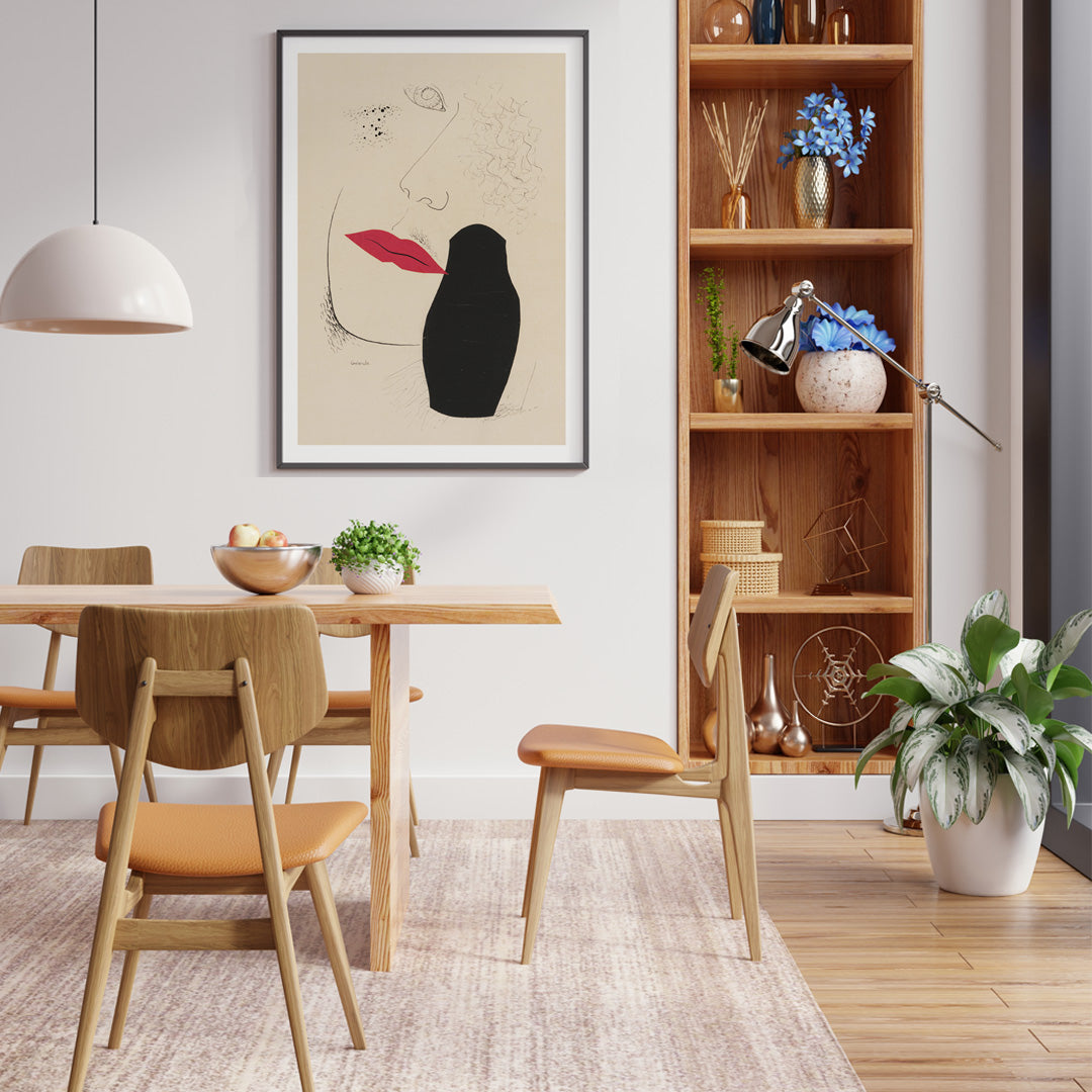 Abstract minimalist portrait with red lips and black silhouette modern art poster by Mikulas Galanda titled Desire, framed and displayed in home decor