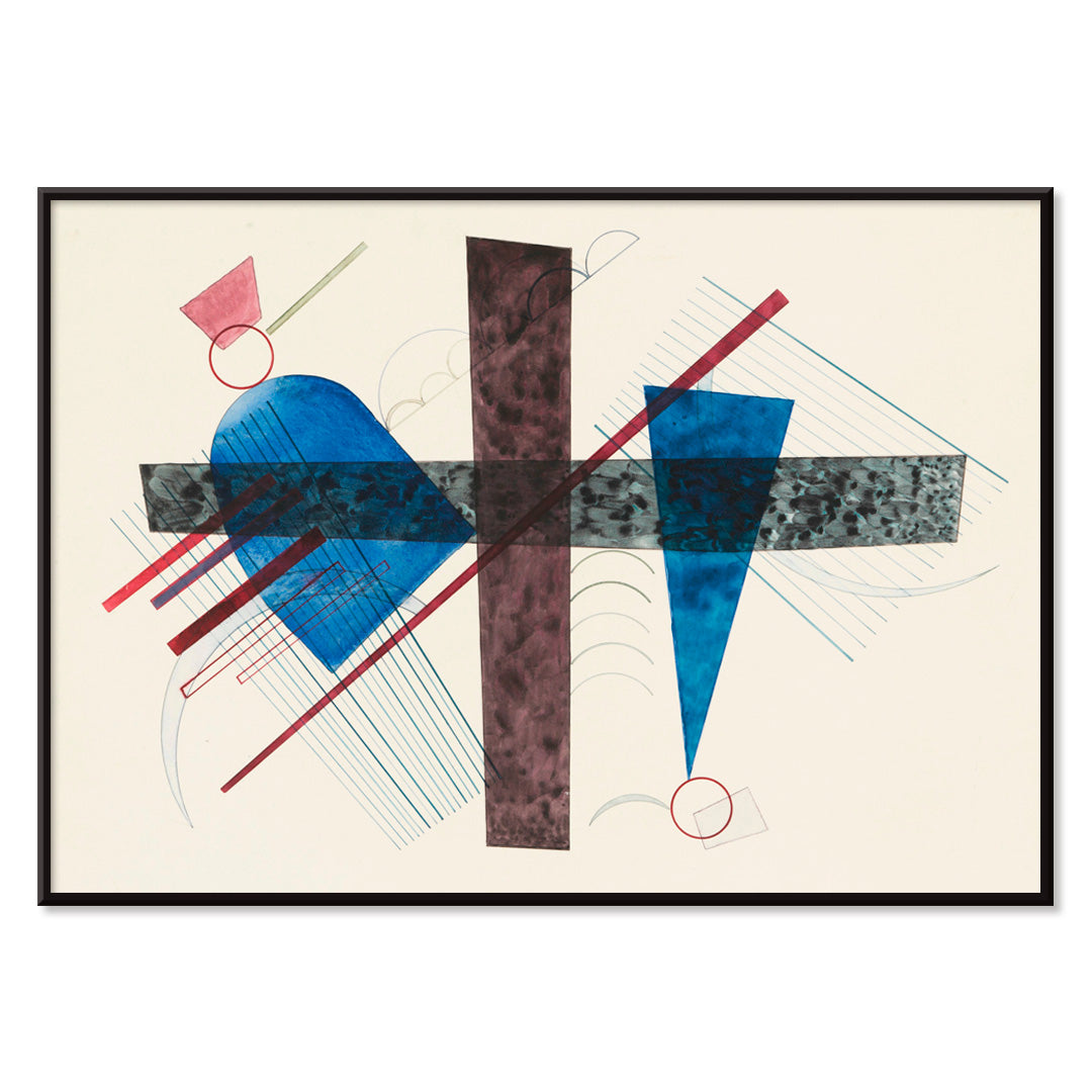 Abstract geometric poster with blue and red shapes artwork Blau in Rund und Spitz by Wassily Kandinsky, with black aluminium frame on white background