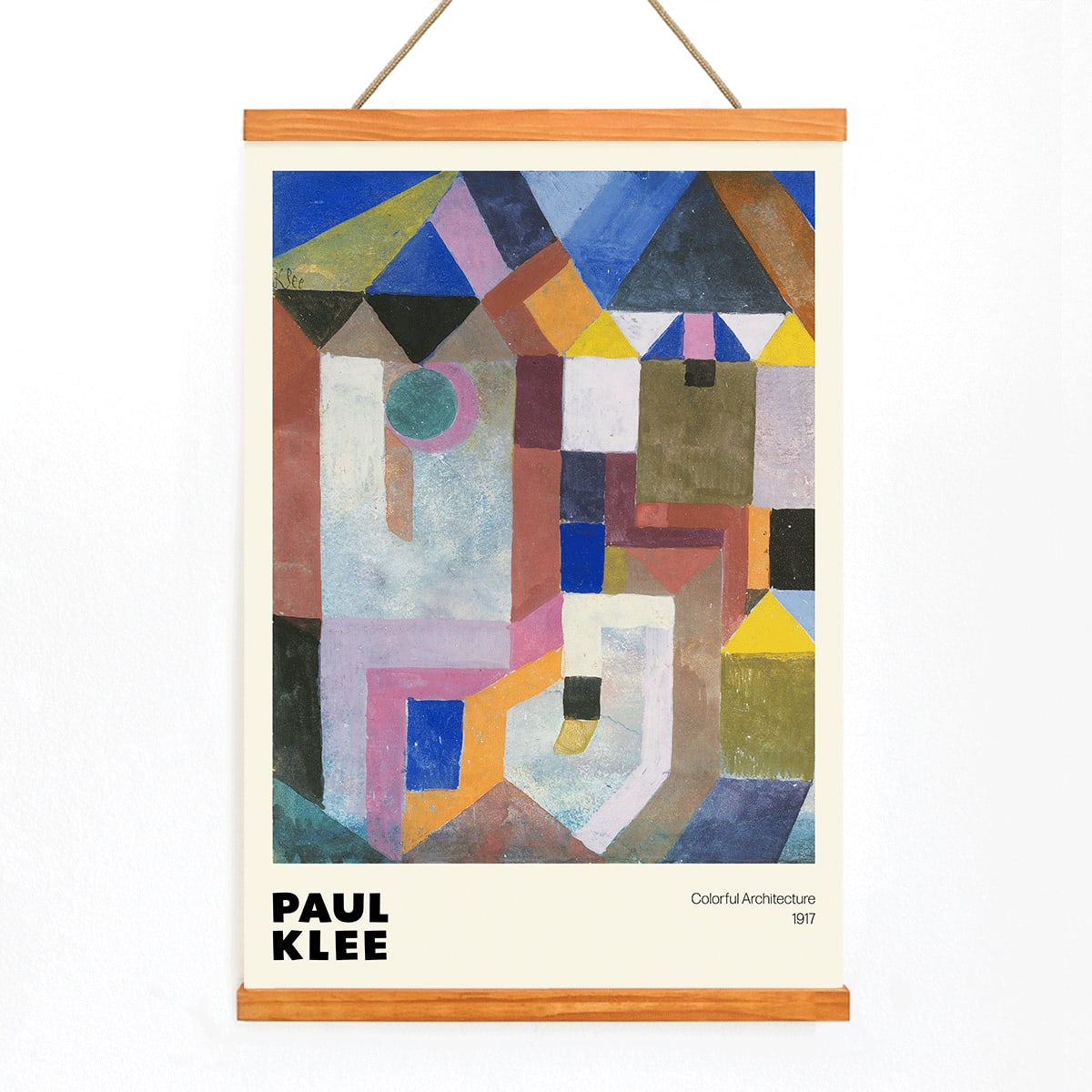 Colorful abstract geometric art poster by Paul Klee titled Colorful Architecture featuring vibrant shapes and colors, with wooden magnetic frame on white background