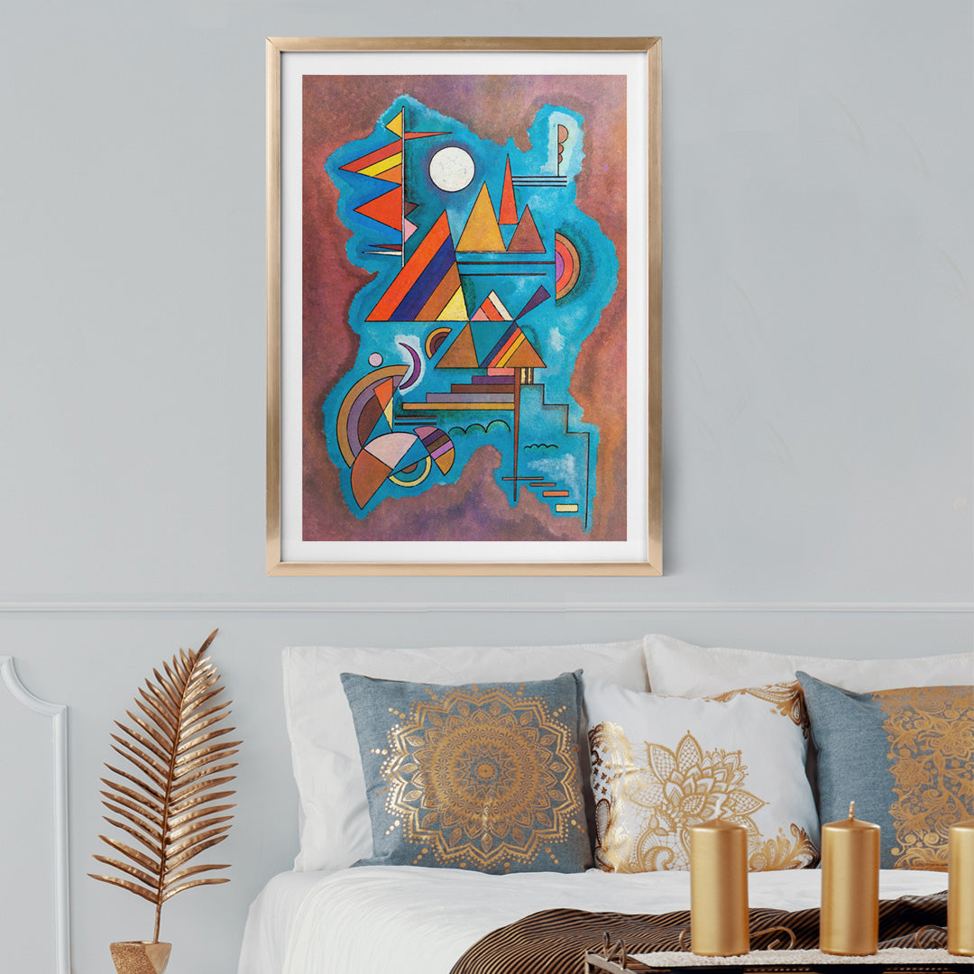 Abstract geometric shapes in vivid colors on blue watercolor background artwork Standing by Wassily Kandinsky, framed and displayed in home decor