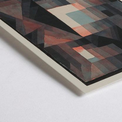 Closeup detail of Geometric abstract painting in red and green with vertical patterns and shapes by Paul Klee titled Abstract Red and Green Gradation featuring an eye and cinnabar accents in vertical format