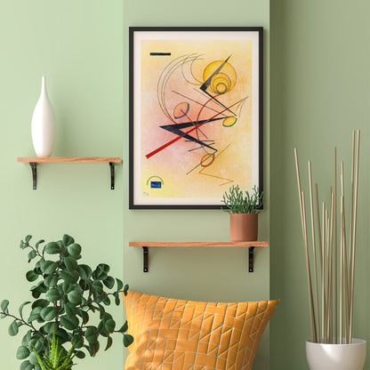 Abstract geometric poster with colored lines and shapes over a warm background by Wassily Kandinsky Kleines Warm, framed and displayed in home decor