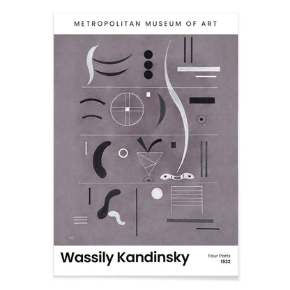Abstract geometric art by Wassily Kandinsky from Four Parts featuring geometric shapes and lines displayed at the museum, with black aluminium frame on white background