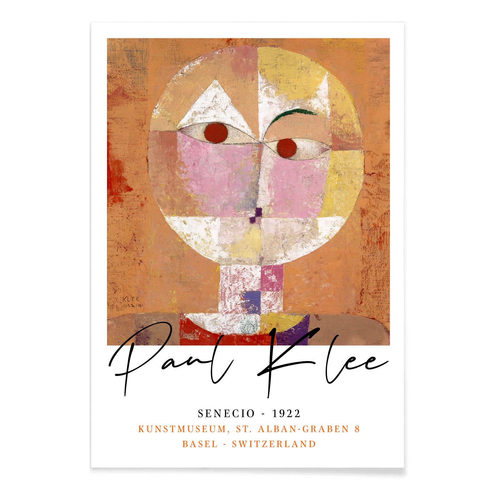 Abstract geometric portrait Senecio by Paul Klee with warm colors and geometric shapes on orange background poster, with black aluminium frame on white background