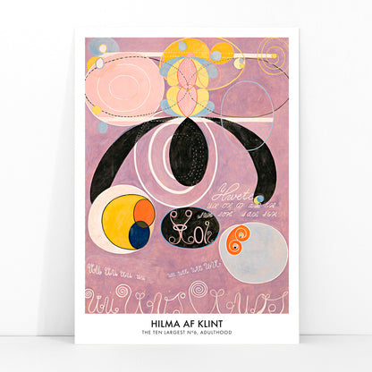Abstract colorful pastel shapes and spirals artwork from The Ten Largest No 6 by Hilma af Klint poster, framed and displayed in modern living room decor