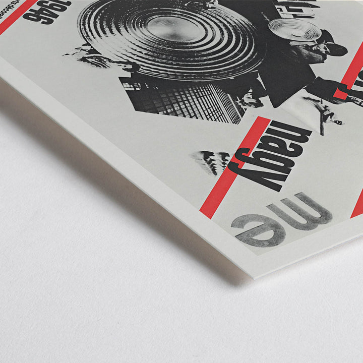 Closeup detail of Roman Cieślewicz László Moholy-Nagy poster with bold typography red diagonal stripes and geometric collage