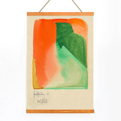 Abstract watercolor painting with vibrant orange and green shapes titled Farbstudien 10 Blätter I by Wassily Kandinsky and Paul Klee, with wooden magnetic frame on white background