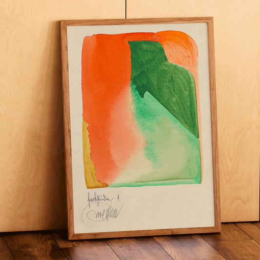 Abstract watercolor painting with vibrant orange and green shapes titled Farbstudien 10 Blätter I by Wassily Kandinsky and Paul Klee, framed and displayed in home decor
