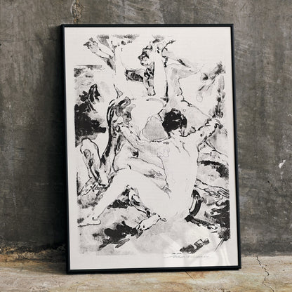 Three acrobats in dynamic abstract black and white style by Arthur Bowen Davies poster depicting figures in motion, framed and displayed in home decor