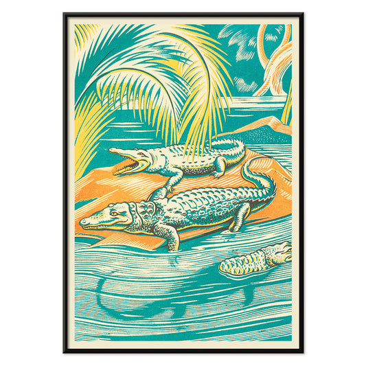 A Jungle Picnic Pl.03 Crocodile by Clifford Webb vibrant jungle artwork and poster showing crocodiles resting by a river under palm trees, with black aluminium frame on white background
