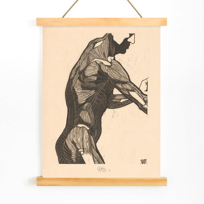 Anatomical poster of mans side and arm showing detailed muscle structure artwork by Reijer Stolk, with wooden magnetic frame on white background