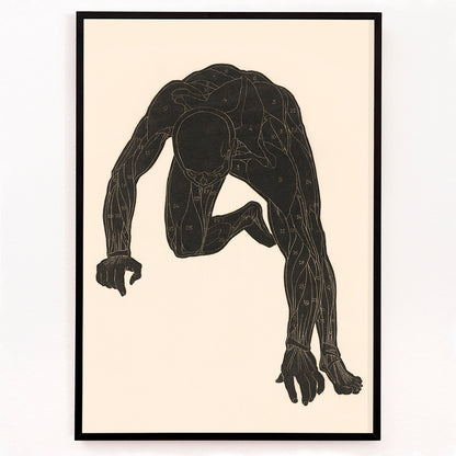 Closeup detail of Anatomical illustration of human muscular anatomy and crouching figure from Neck Muscles by Reijer Stolk