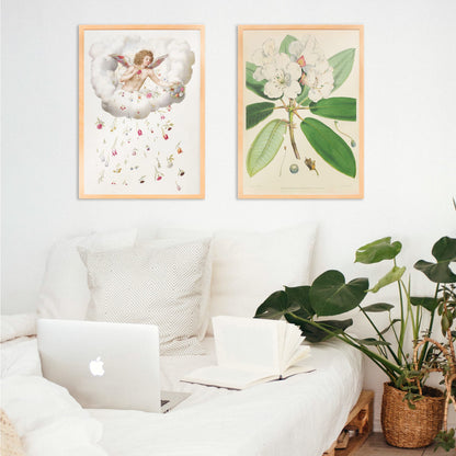 Angel or cherub with wings sitting on a cloud scattering flowers La Guirlande de Julie illustration artwork poster, framed and displayed in home decor