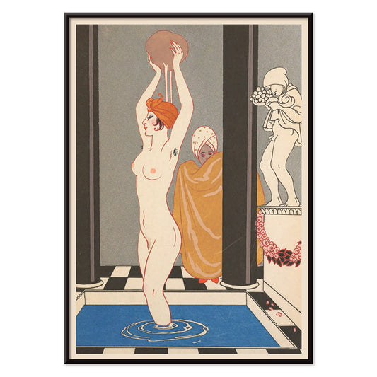Art Deco woman bathing inspired by La Vasque by George Barbier with another figure in robe beside statue, with black aluminium frame on white background
